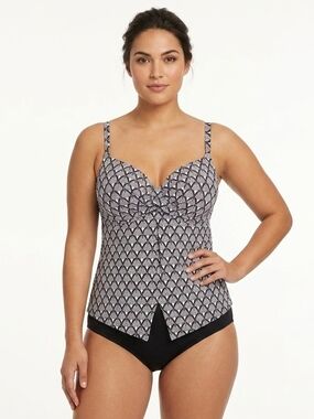Leilani Black & White Art Deco Fan Print Underwire Tankini Swim Top Size 12